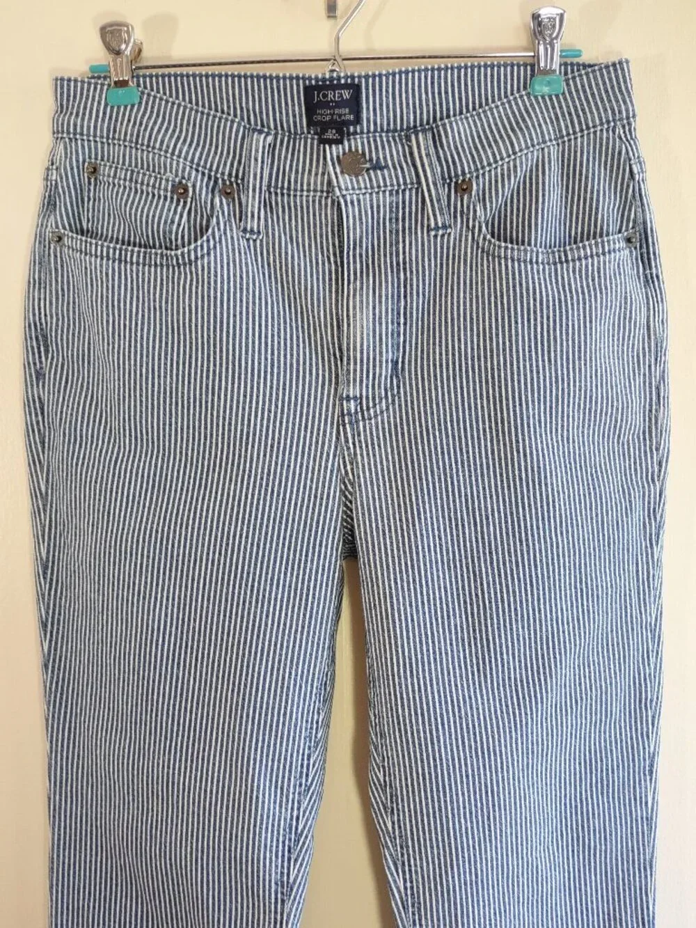 J. Crew High-Rise Crop Flare Jeans Size 28  Boho  Stripe Denim Indie Preppy